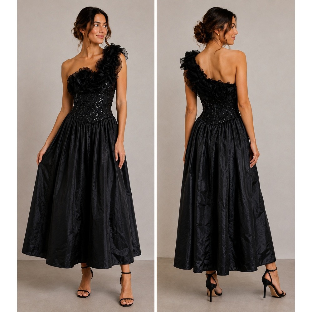 Jessica McClintock Dress 6 Black Sequin Lace Rosette One Shoulder Formal‎ Gala